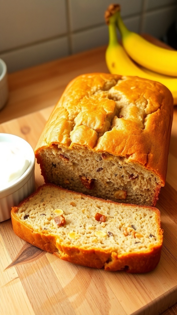 A golden loaf of banana bread sliced on a cutting board with walnuts, served with a bowl of vanilla yogurt and ripe bananas.